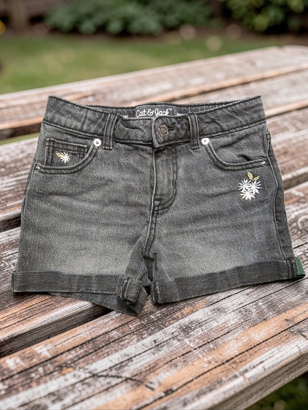 CAT & JACK Black Washed Denim Shorts with Floral Embroidery. Size 8.